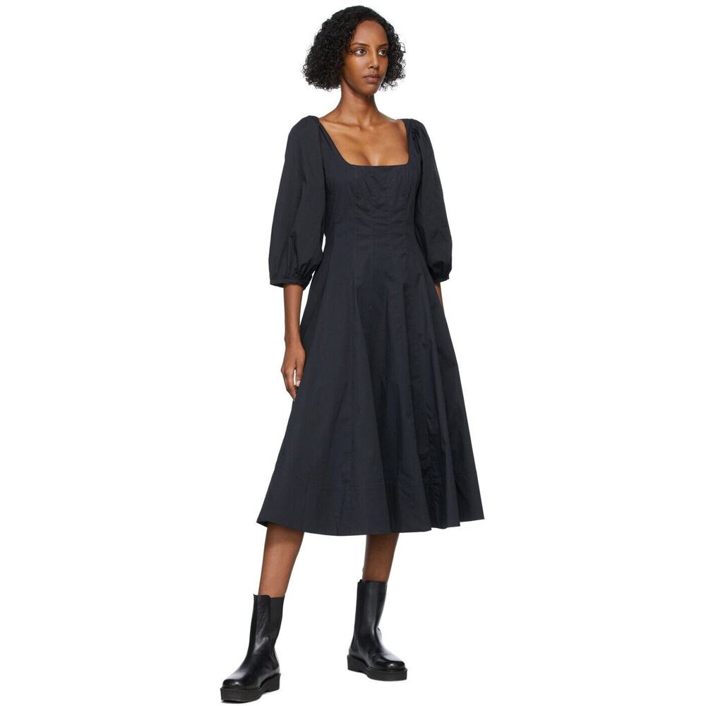 Staud Swells Puff Sleeve Poplin Midi Dress - 2 - Black - Picture 6 of 8